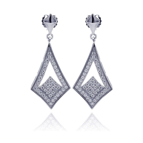 Sterling Silver Rhodium Plated Micro Pave Open Sharp Marqui Dangling Shaped Stud Earring With CZ Stones