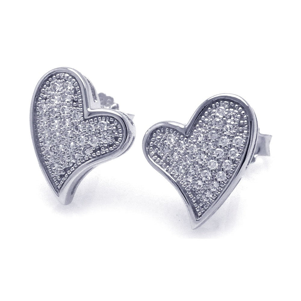 Sterling Silver Rhodium Plated Micro Pave Curvy Heart Shaped Stud Earring With CZ Stones