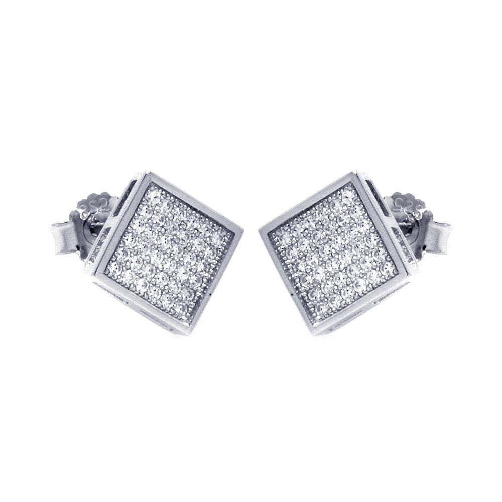 Sterling Silver Rhodium Plated Micro Pave Clear Square Shaped Stud Earring With CZ Stones