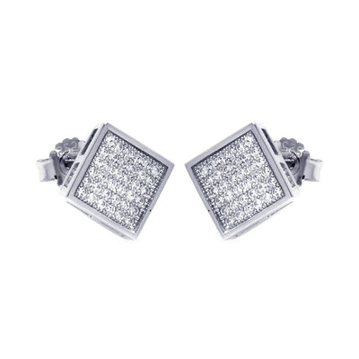 Sterling Silver Rhodium Plated Micro Pave Clear Square Shaped Stud Earring With CZ Stones