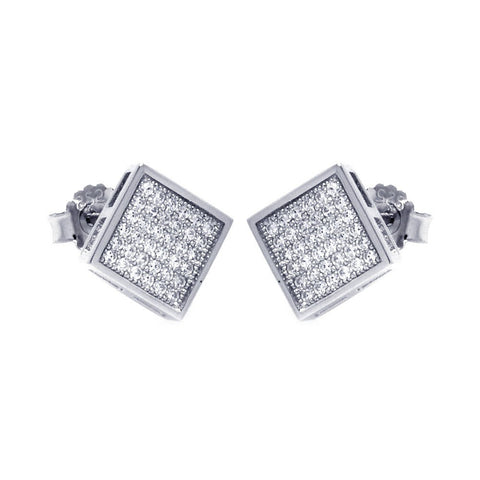 Sterling Silver Rhodium Plated Micro Pave Clear Square Shaped Stud Earring With CZ Stones