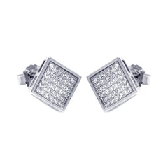 Sterling Silver Rhodium Plated Micro Pave Clear Square Shaped Stud Earring With CZ Stones