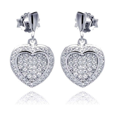 Sterling Silver Rhodium Plated Micro Pave Heart Clear CZ Dangling Stud Earrings