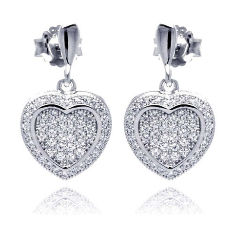 Sterling Silver Rhodium Plated Micro Pave Heart Clear CZ Dangling Stud Earrings