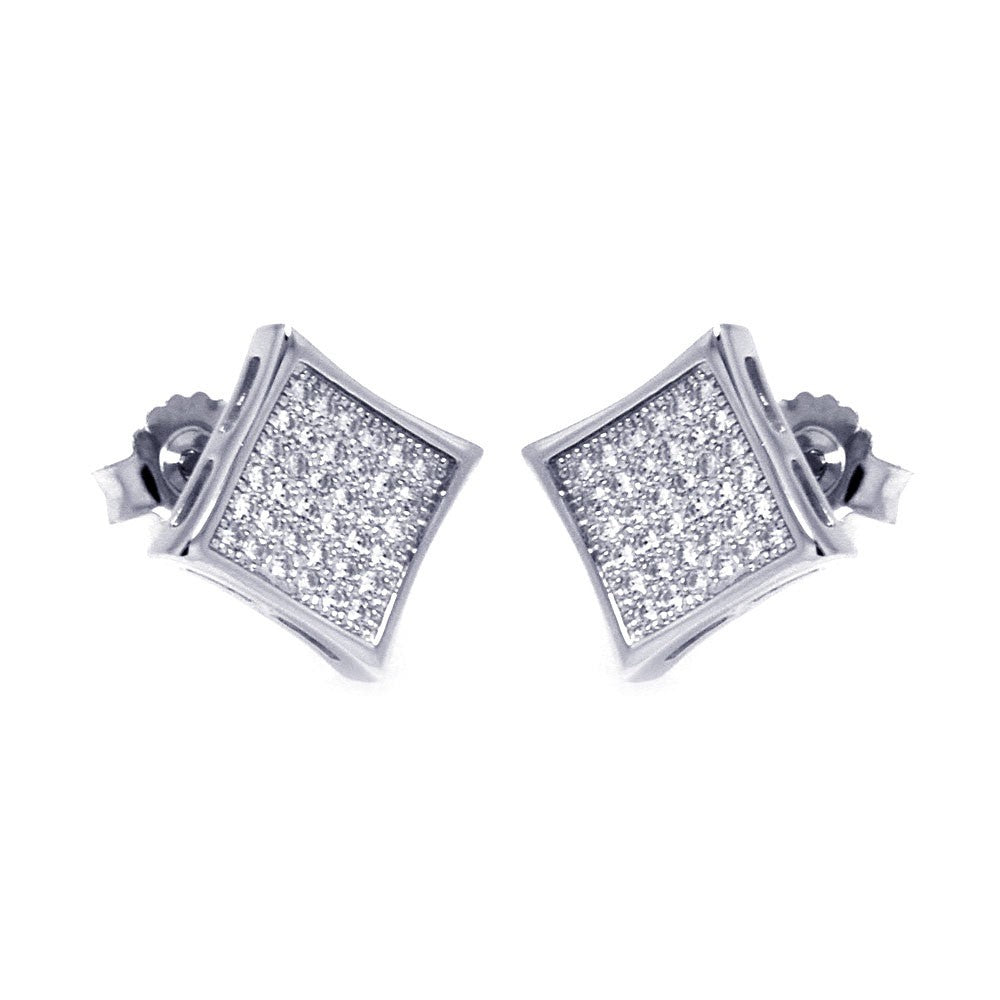 Sterling Silver Rhodium Plated Micro Pave Clear Square Shaped Stud Earring With CZ Stones