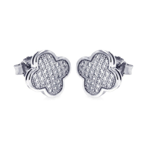 Sterling Silver Rhodium Plated Micro Pave Clove Shaped Stud Earring With CZ Stones