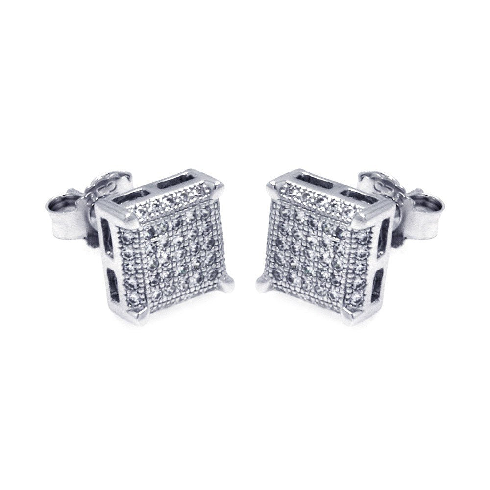 Sterling Silver .925 Rhodium Plated Micro Pave Clear Square Shaped Stud Earring With CZ Stones