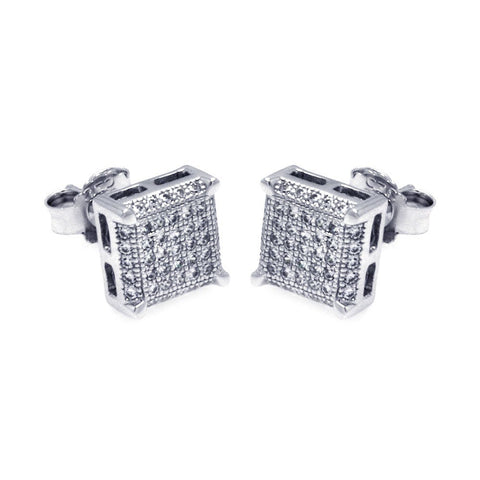 Sterling Silver .925 Rhodium Plated Micro Pave Clear Square Shaped Stud Earring With CZ Stones