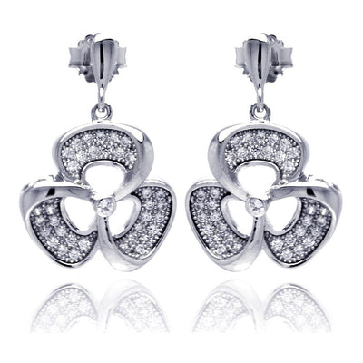 Sterling Silver Rhodium Plated Micro Pave Flower Dangling Shaped Stud Earring With CZ Stones