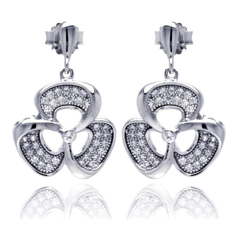 Sterling Silver Rhodium Plated Micro Pave Flower Dangling Shaped Stud Earring With CZ Stones