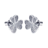 Sterling Silver Rhodium Plated Micro Pave Clover Leaf Shaped Stud Earring With CZ Stones