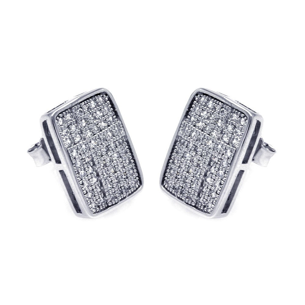 Sterling Silver Rhodium Plated Micro Pave Rectangle Shaped Stud Earring With CZ Stones