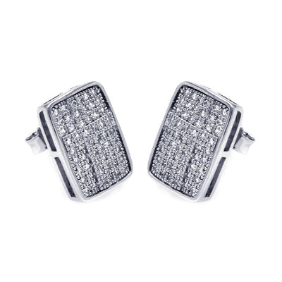 Sterling Silver Rhodium Plated Micro Pave Rectangle Shaped Stud Earring With CZ Stones
