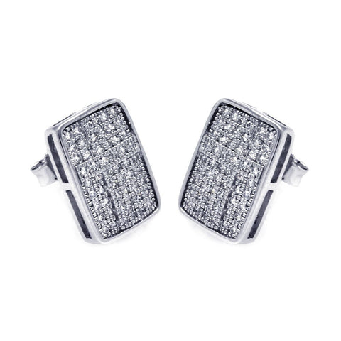 Sterling Silver Rhodium Plated Micro Pave Rectangle Shaped Stud Earring With CZ Stones