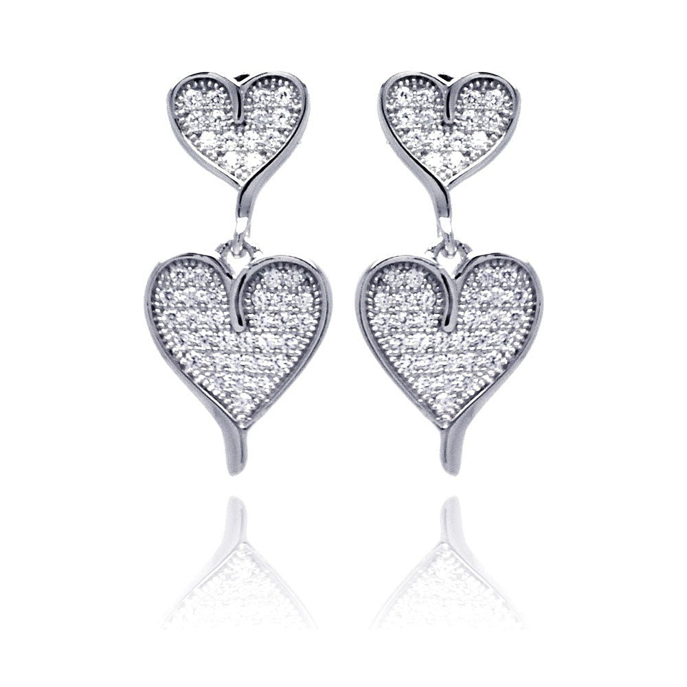 Sterling Silver Rhodium Plated Micro Pave Graduated Heart Shaped Earrings With CZ Stones