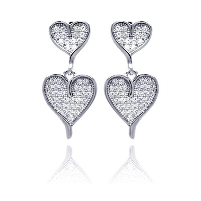 Sterling Silver Rhodium Plated Micro Pave Graduated Heart Shaped Earrings With CZ Stones