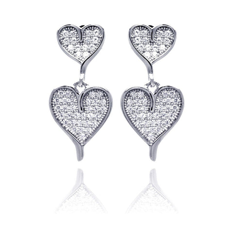 Sterling Silver Rhodium Plated Micro Pave Graduated Heart Shaped Earrings With CZ Stones