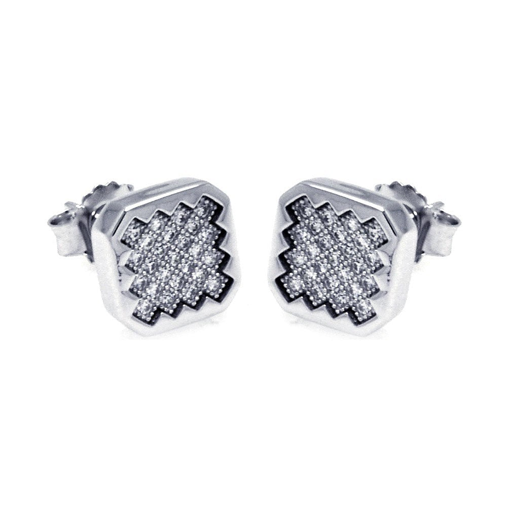 Sterling Silver Rhodium Plated Micro Pave Clear Sun Square Shaped Stud Earring With CZ Stones