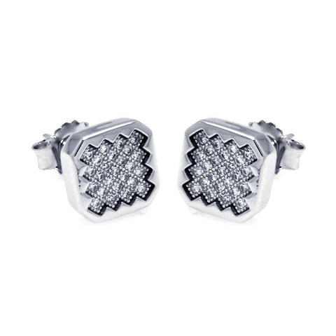 Sterling Silver Rhodium Plated Micro Pave Clear Sun Square Shaped Stud Earring With CZ Stones