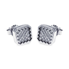 Sterling Silver Rhodium Plated Micro Pave Clear Sun Square Shaped Stud Earring With CZ Stones