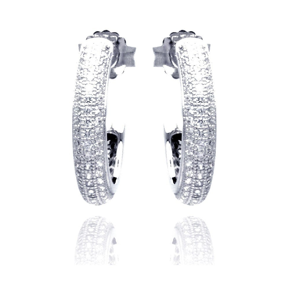 Sterling Silver Rhodium Plated Micro Pave Clear Round Hoop Earring With CZ Stones