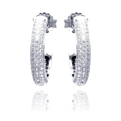 Sterling Silver Rhodium Plated Micro Pave Clear Round Hoop Earring With CZ Stones