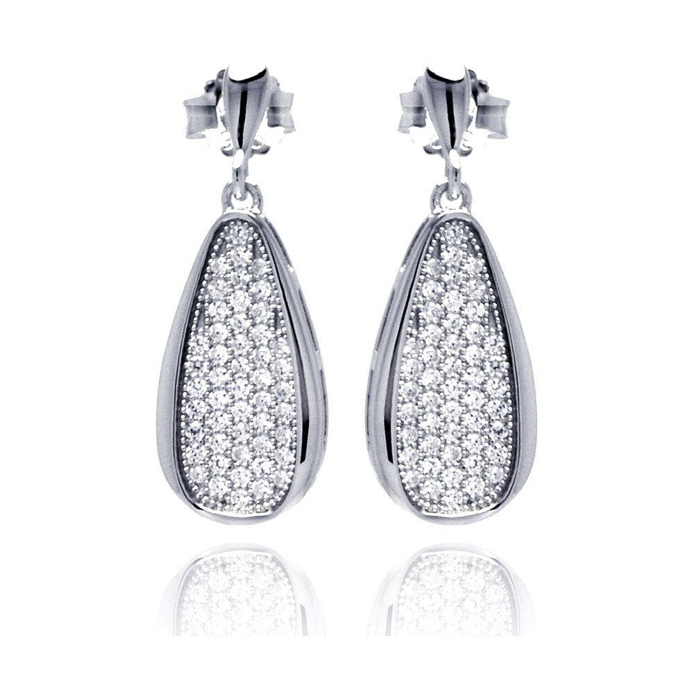 Sterling Silver Rhodium Plated Micro Pave Clear Teardrop Dangling Shaped Stud Earring With CZ Stones