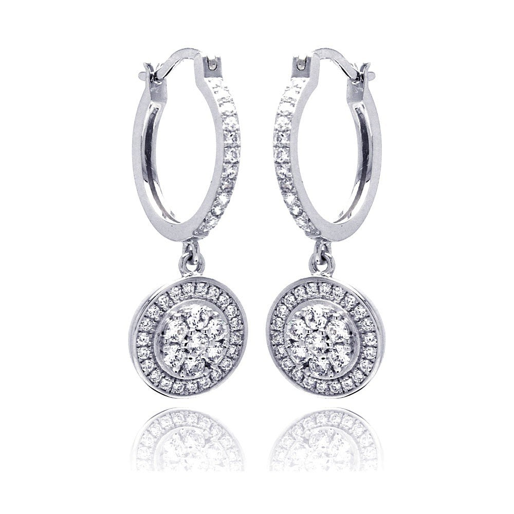 Sterling Silver Rhodium Plated Micro Pave Clear Round CZ Wire Dangling Huggie Earrings