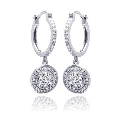 Sterling Silver Rhodium Plated Micro Pave Clear Round CZ Wire Dangling Huggie Earrings