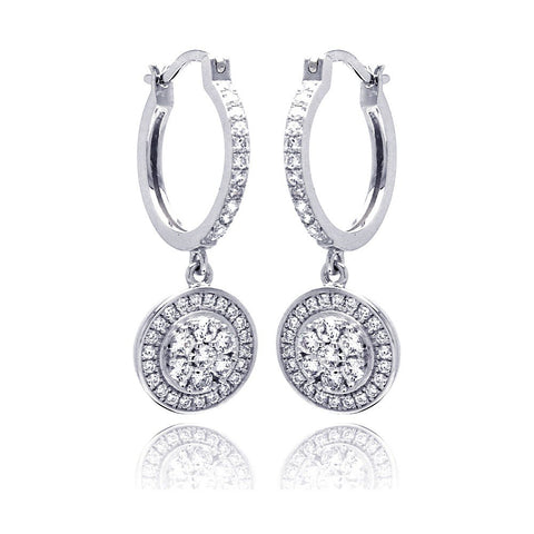 Sterling Silver Rhodium Plated Micro Pave Clear Round CZ Wire Dangling Huggie Earrings