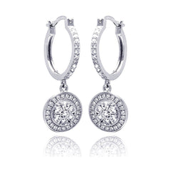 Sterling Silver Rhodium Plated Micro Pave Clear Round CZ Wire Dangling Huggie Earrings