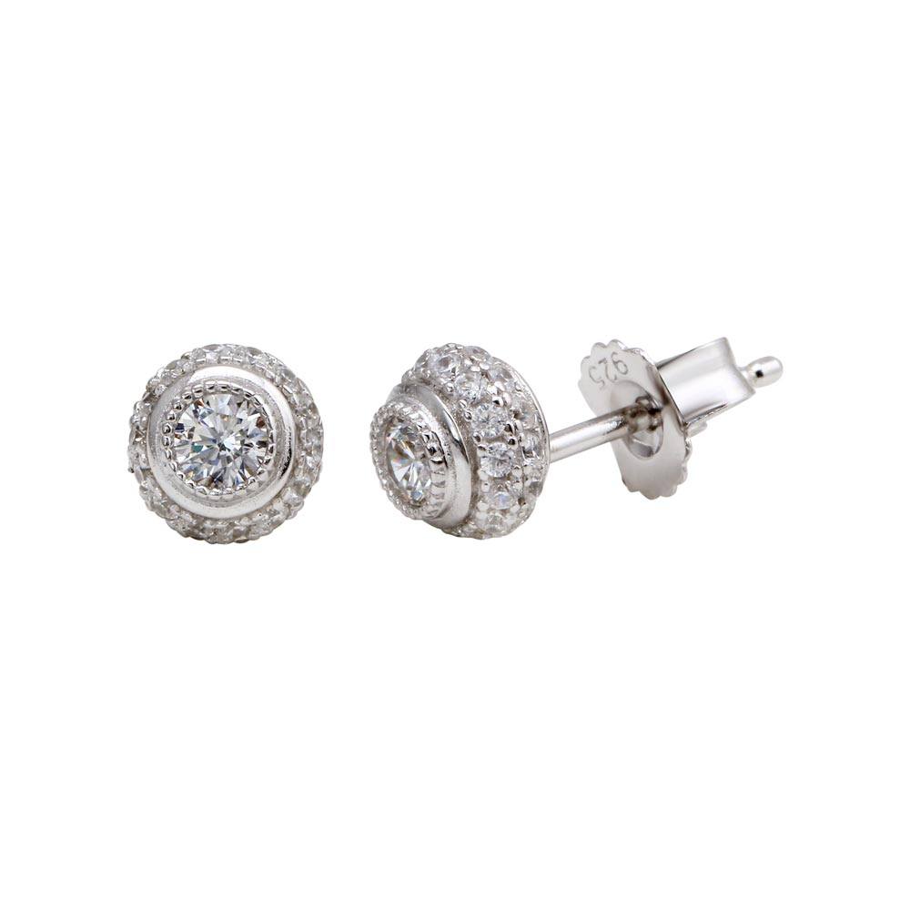 Sterling Silver Rhodium Plated Micro Pave Clear Round CZ Stud Earring