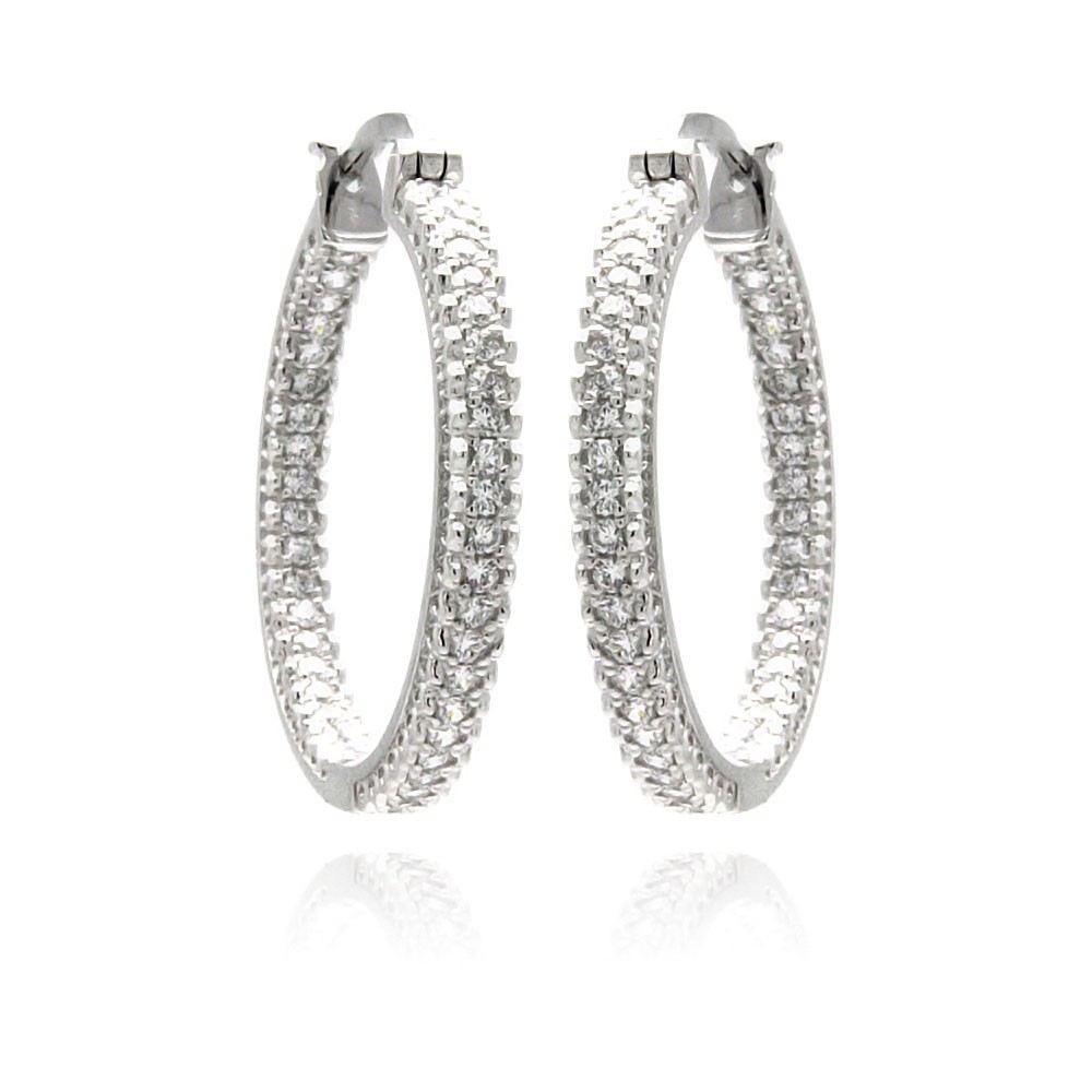 Sterling Silver Rhodium Plated Micro Pave Shape Hoop Earrings With CZ Stones