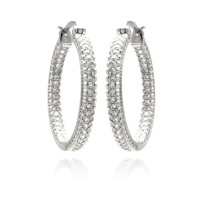Sterling Silver Rhodium Plated Micro Pave Shape Hoop Earrings With CZ Stones