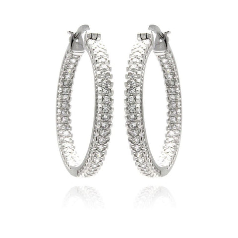 Sterling Silver Rhodium Plated Micro Pave Shape Hoop Earrings With CZ Stones