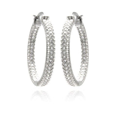 Sterling Silver Rhodium Plated Micro Pave Shape Hoop Earrings With CZ Stones