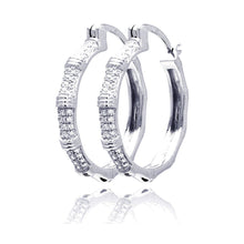 Load image into Gallery viewer, Sterling Silver  Rhodium Plated Micro Pave Shape Hoop Earrings With Bamboo CZ Stones