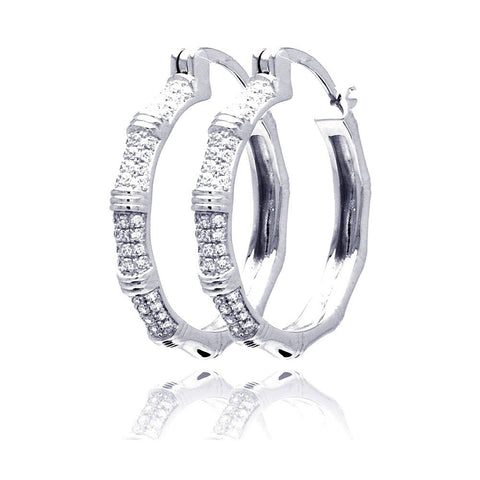 Sterling Silver  Rhodium Plated Micro Pave Shape Hoop Earrings With Bamboo CZ Stones