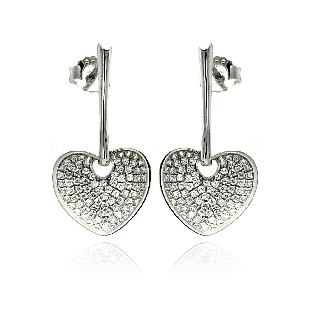 Sterling Silver Rhodium Plated Micro Pave Clear Heart CZ Dangling Stud Earrings