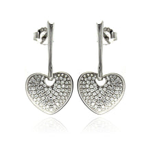 Load image into Gallery viewer, Sterling Silver Rhodium Plated Micro Pave Clear Heart CZ Dangling Stud Earrings