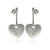 Sterling Silver Rhodium Plated Micro Pave Clear Heart CZ Dangling Stud Earrings