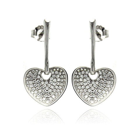 Sterling Silver Rhodium Plated Micro Pave Clear Heart CZ Dangling Stud Earrings