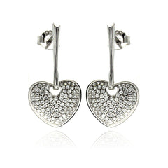 Sterling Silver Rhodium Plated Micro Pave Clear Heart CZ Dangling Stud Earrings