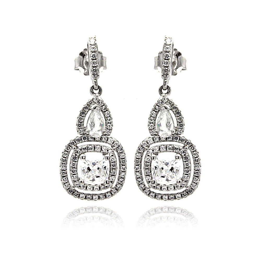Sterling Silver Rhodium Plated Micro Pave Clear Teardrop Square Dangling Shaped Stud Earring With CZ Stones