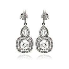 Load image into Gallery viewer, Sterling Silver Rhodium Plated Micro Pave Clear Teardrop Square Dangling Shaped Stud Earring With CZ Stones