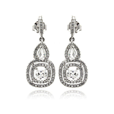 Sterling Silver Rhodium Plated Micro Pave Clear Teardrop Square Dangling Shaped Stud Earring With CZ Stones