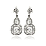 Sterling Silver Rhodium Plated Micro Pave Clear Teardrop Square Dangling Shaped Stud Earring With CZ Stones