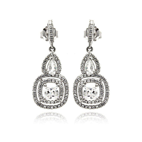 Sterling Silver Rhodium Plated Micro Pave Clear Teardrop Square Dangling Shaped Stud Earring With CZ Stones