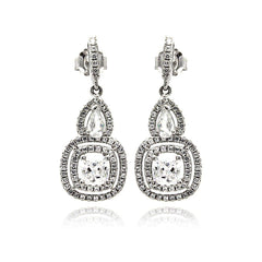 Sterling Silver Rhodium Plated Micro Pave Clear Teardrop Square Dangling Shaped Stud Earring With CZ Stones