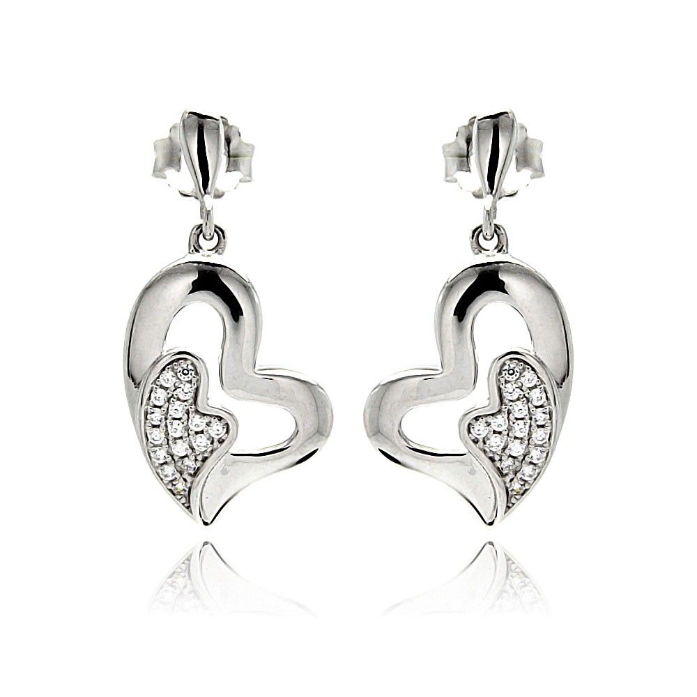 Sterling Silver Rhodium Plated Micro Pave Heart Inlay Dangling Earrings With CZ Stones